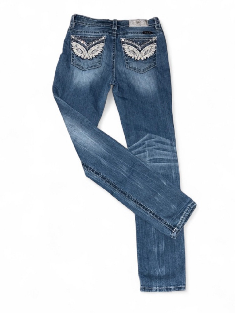 Miss Me Embellished Bling Pockets Distressed Fading Mid-Rise Straight Leg Jeans